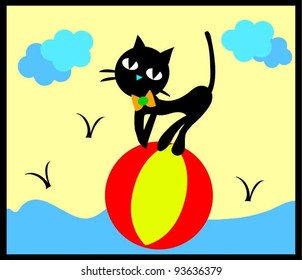 hand drawn black cat playing the big ball on the sea with beauty sky