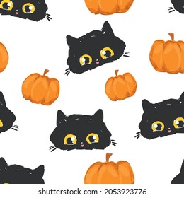 Hand Drawn Black Cat and pumpkin Seamless Pattern, Cute kitten vector background Halloween holiday autumn background