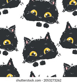 Hand Drawn Black Cat Seamless Pattern, Cute kitten vector background Halloween holiday autumn background