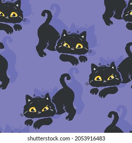 Hand Drawn Black Cat Seamless Pattern, Cute kitten vector background Halloween holiday autumn background