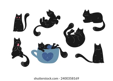 Hand drawn black cat set. Funny and cute cat is sleeping, relaxing in a tea cup, biting a heart, lying and sitting in different poses. Vector illustration