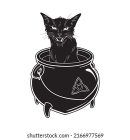 Hand drawn black cat sitting in witch cauldron. Wiccan familiar spirit, pagan witchcraft theme design vector illustration