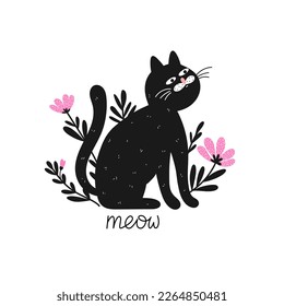 Hand drawn black cat is sitting among pink flowers and black leaves. Fashion design of funny kitten in doodle style in vector. Perfect for print on t shirt or card 