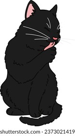 Handgezeichnete schwarze Katze, sitzend und grooming