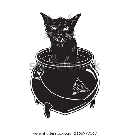 Hand drawn black cat sitting in witch cauldron. Wiccan familiar spirit, pagan witchcraft theme design vector illustration