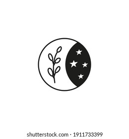 Hand drawn black celestial bohemian moon icon with leafy twig and stars isolated on white background. Moon child illustration. Boho chic silhouette.