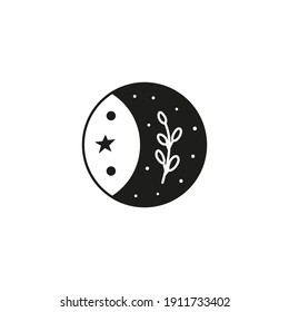 Hand drawn black celestial bohemian moon icon with leafy twig, stars and dots isolated on white background. Moon child illustration. Boho chic silhouette.