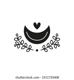 Hand drawn black celestial bohemian moon month icon with leafy twigs isolated on white background. Moon child illustration. Boho chic silhouette.
