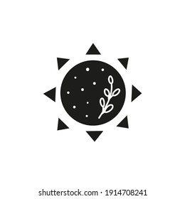 Hand drawn black celestial bohemian sun with leafy branch isolated on white background. Moon child illustration. Boho chic silhouette.