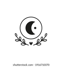 Hand drawn black celestial bohemian moon crescent icon in circle and leafy twigs isolated on white background. Moon child illustration. Boho chic silhouette.