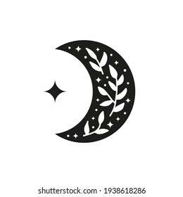 Hand drawn black celestial bohemian crescent icon with leafy twig, stars and dots isolated on white background. Moon child illustration. Boho chic silhouette.