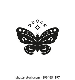 Hand drawn black celestial butterfly with stars, crescent and moon phases isolated on white background. Witchy magic talisman. Mystical illustration.