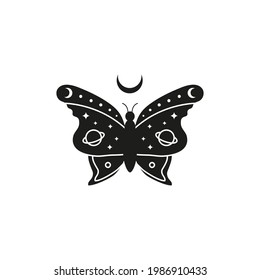 Hand drawn black celestial butterfly with stars, planets and crescent moon isolated on white background. Witchy magic talisman. Mystical illustration.