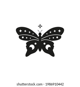 Hand drawn black celestial butterfly with stars and crescent moon isolated on white background. Witchy magic talisman. Mystical illustration.