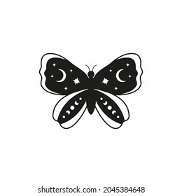 Hand drawn black celestial butterfly with stars, crescents and moon phases isolated on white background. Witchy magic talisman. Mystical illustration.