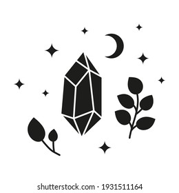 Hand drawn black celestial crystal with leafy branches, stars and crescent moon isolated on white background. Sacred geometry. Alchemy esoteric magic talisman. Mystical symbol.