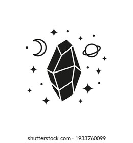 Hand drawn black celestial crystal with crescent moon, planet and stars isolated on white background. Sacred geometry. Alchemy esoteric magic talisman. Mystical symbol.