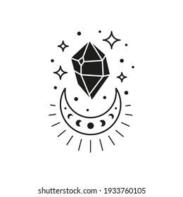 Cristal celestial negro dibujado a mano con la media luna, las fases lunares y las estrellas aisladas en fondo blanco. Geometría sagrada. Alquimia de talismán esotérico mágico. Símbolo místico.