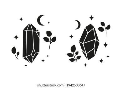 Handgezeichnete schwarze Himmelskristalle mit grünen Zweigen, Sternen und Halbmond einzeln auf weißem Hintergrund. Heilige Geometrie. Alchimie esoterischer Zaubertalisman. Mystisches Symbol.