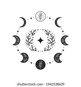 Hand drawn black celestial floral moon phases with leafy branches in circle isolated on white background. Moon child illustration. Boho chic silhouette.