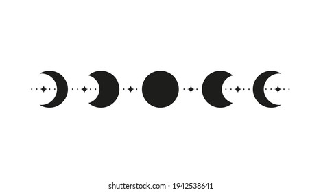 Hand drawn black celestial moon phases with stars isolated on white background. Moon child illustration. Boho chic silhouette.