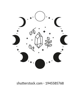 Handgezeichnete schwarze Himmelsmondphasen mit Umriss-Kristall und dünne Äste einzeln auf weißem Hintergrund. Moon-Kindergrafik. Boho schicke Silhouette.