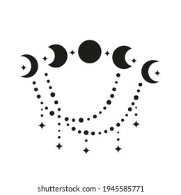 Hand drawn black celestial moon phases with beads and stars isolated on white background. Moon child illustration. Boho chic silhouette.