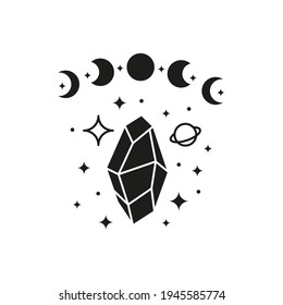 Fases de luna celestial negra dibujadas a mano con cristal, planeta y estrellas aisladas en fondo blanco. Ilustración del niño de la luna. Silhouette Boho chic.