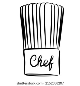 Hand drawn black chef hat on white background. Isolated vector illustration. Professional cooking concept