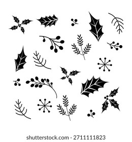 hand drawn black christmas elements holly berries pine cones pine branches