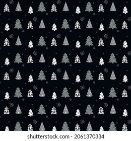 hand drawn black christmas new year pattern of christmas trees. Typographic print, poster, banner, postcard, gift wrapping paper, wallpaper