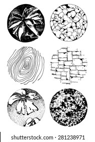 Hand drawn black circle textures set: stone, leaves, brick wall, leaf, flower. Vector backgrounds EPS 10.