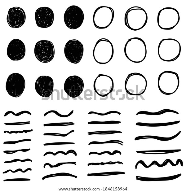 Hand Drawn Black Circle And\
Underline Set Collection On White Background Vector /\
Illustration