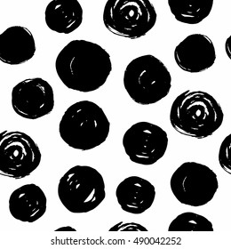 Hand drawn black circles seamless pattern on white background.