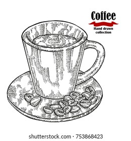 Hand drawn black coffee cup isolated on white background. Espresso vector illustration engraved.