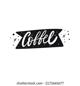 Handgezeichneter Kaffeetext. Modernes Zeichen in schwarzem Band. Vektorkunst.