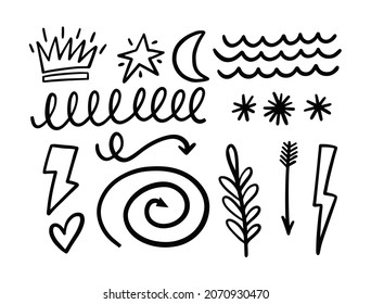 Hand drawn black color abstract elements set. Vector illustration clip art style. Isolated objects.