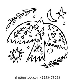 Hand drawn black color bird magical symbol. Line art style vector illustration. Doodle vintage tattoo sign isolated on white background.