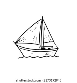 Hand Drawn Black Color Boat Or Ship. Doodle Style. Sketch Vector Illustration.