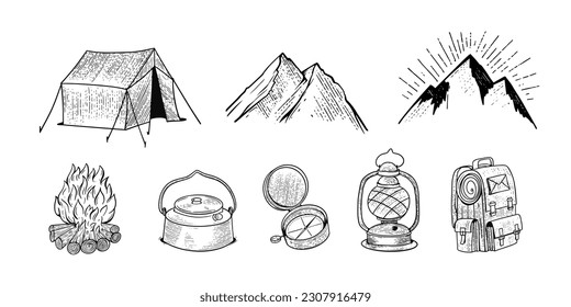 Hand drawn black color camping elements set. Travel or adventure tourism sign line art sketch vector illustration. Isolated objects on white background.