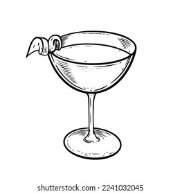 Hand drawn black color cocktail glass vintage vector art illustration.