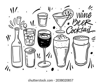 Hand drawn black color cocktails glass set. Doodle vector illustration. Isolated elements.