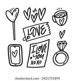 Hand drawn black color doodle valentine holiday elements set. Vector illustration.