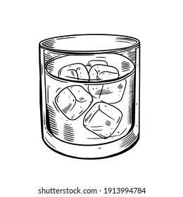 Hand drawn black color glass with ice cubes and strong drink. Rum, whiskey, vodka. Vintage realistic sketch. Stock vector illustration.