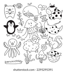 Hand drawn black color line animal ocean and fforest isolated on white background. baby shower vector illustration