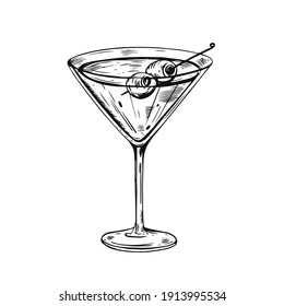 Hand drawn black color Martini cocktail. Realistic sketch vector illustration. Isolated on white background.