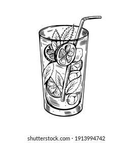 Hand drawn black color Mojito cocktail. Realistic retro style vector illustration. Isolated on white background.