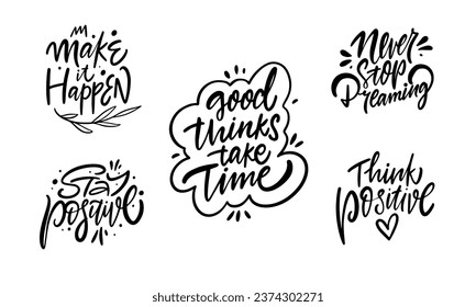 Hand drawn black color motivation phrase set. Positive lettering text for poster design. Vector art isolated on white background.