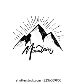 Hand drawn black color mountains sign vector art logo illustration. Engraving style isolated on white background.