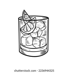 Vidrio de coctelería de color negro dibujado a mano con rodaja de limón y cubos de hielo ilustración vectorial.